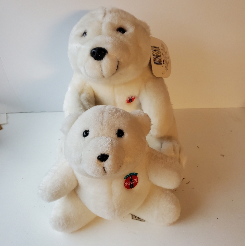 Vtg 1993 Coca-Cola Mom & Baby Polar Bear Plush Chest Emblem Logo Excellent Cond.